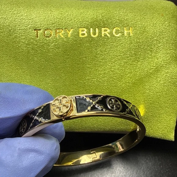 Tory Burch Black Enamel & Gold Logo Hinged Bangle - Picture 3 of 4